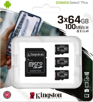 Kingston Canvas Select Plus R100 microSDXC 64GB Kit, UHS-I U1, A1, Class 10, 3er-Pack