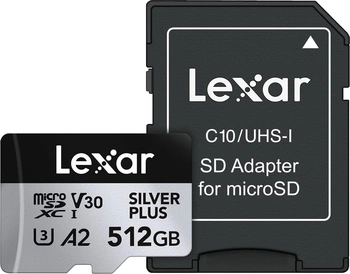 Lexar Professional SILVER PLUS R205/W150 microSDXC 512GB Kit, UHS-I U3, A2, Class 10
